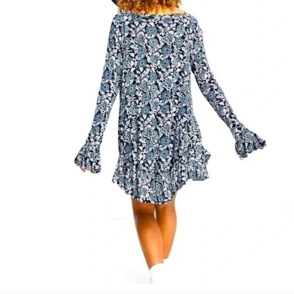 Free People Olivia Jersey Tunic Dress Blue Floral Plunging V-neck Ruffled Hem SM - Picture 12 of 15